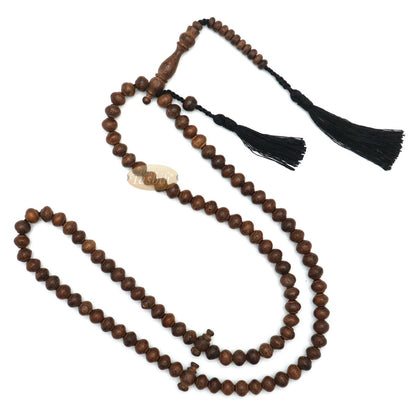 Wooden Islamic Prayer Beads – Natural Johar Asian Wenge Wood Tasbih 99 count Contoured 8×7 mm Beads with Black Tassels In Gift Box By