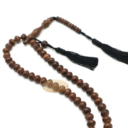 Wooden Islamic Prayer Beads – Natural Johar Asian Wenge Wood Tasbih 99 count Contoured 8×7 mm Beads with Black Tassels In Gift Box By