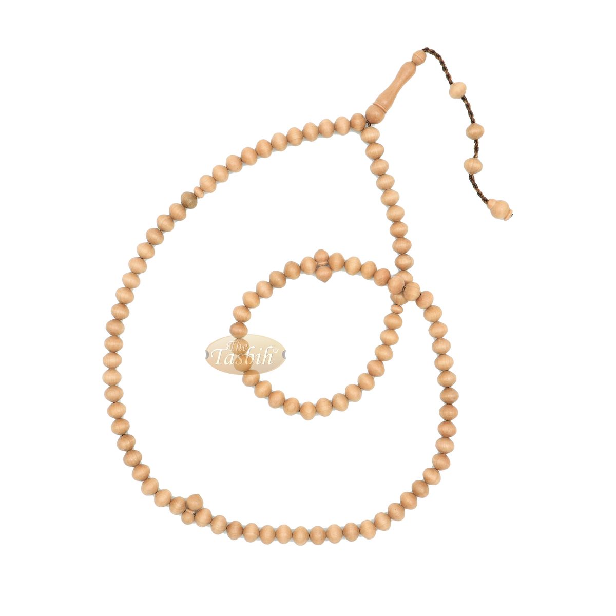 Wooden Muslim Tasbih – Light Brown Tapered Oval Beads 99-Ct Turkish 7×8 mm Stops