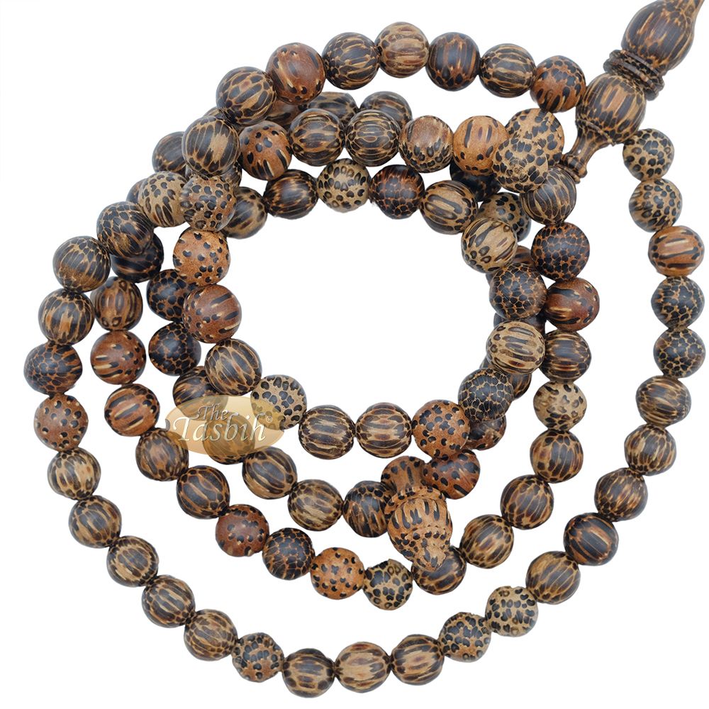 Tiger Wood Misbaha Tasbih – 8 mm 99 count Muslim Prayer Beads Indonesian Islamic Handcrafted Wooden Dhikr Necklace