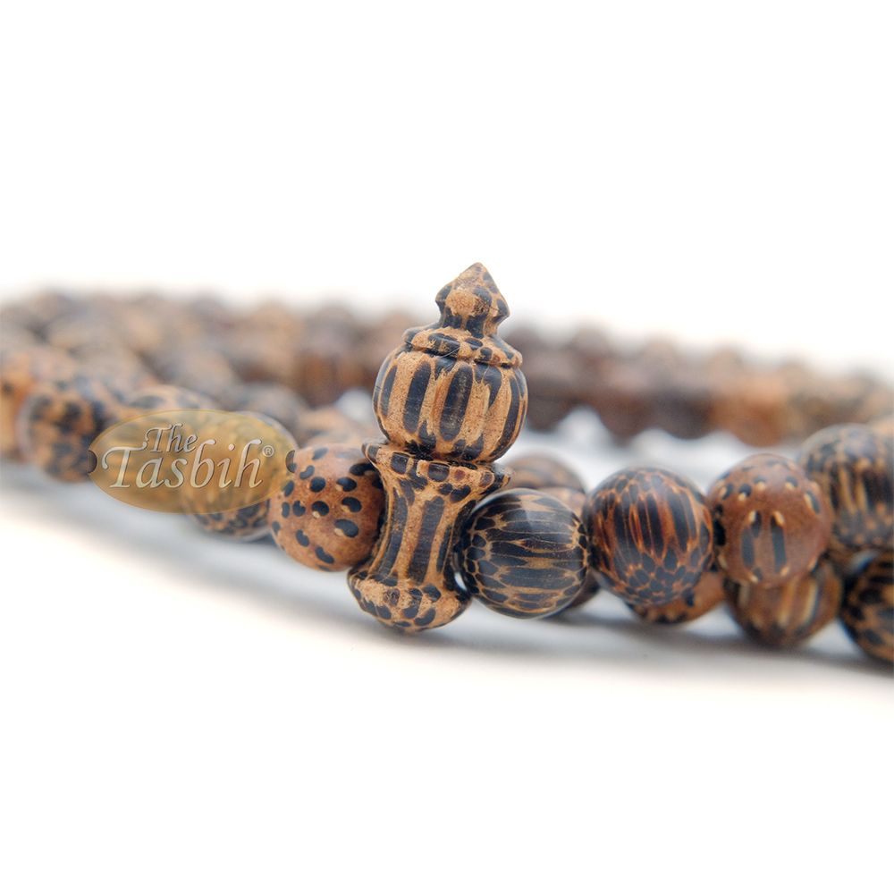 Tiger Wood Misbaha Tasbih – 8 mm 99 count Muslim Prayer Beads Indonesian Islamic Handcrafted Wooden Dhikr Necklace