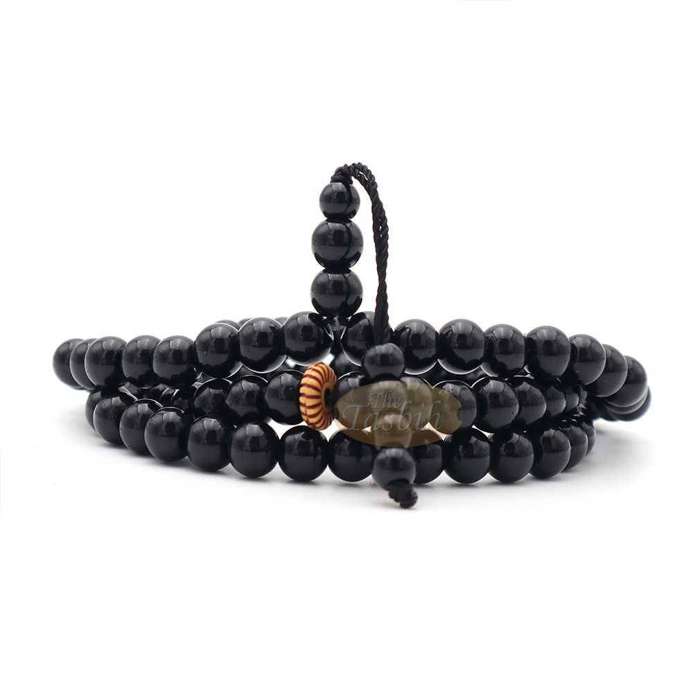Muslim Prayer Beads – 8 mm Faux Onyx Black 99 count with Yellow Engraved Dividers