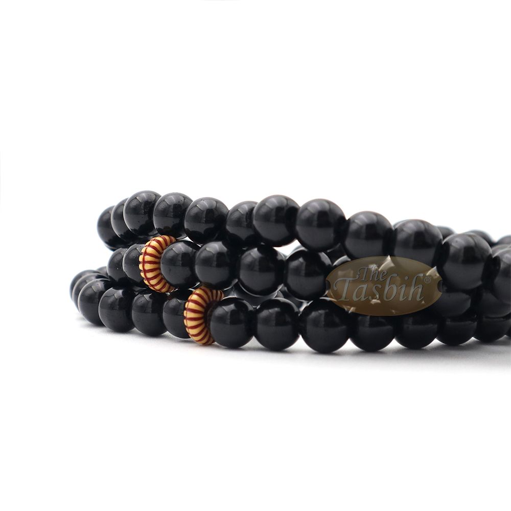 Muslim Prayer Beads – 8 mm Faux Onyx Black 99 count with Yellow Engraved Dividers