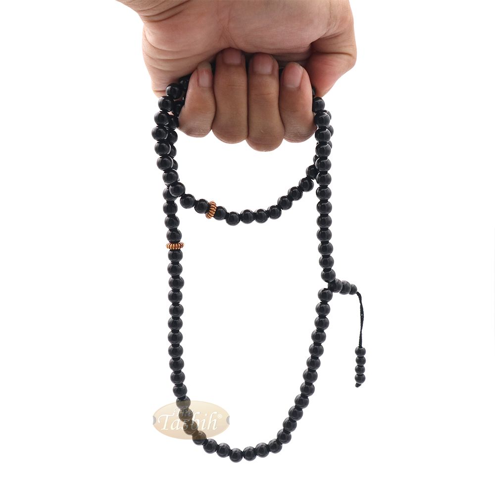 Muslim Prayer Beads – 8 mm Faux Onyx Black 99 count with Yellow Engraved Dividers