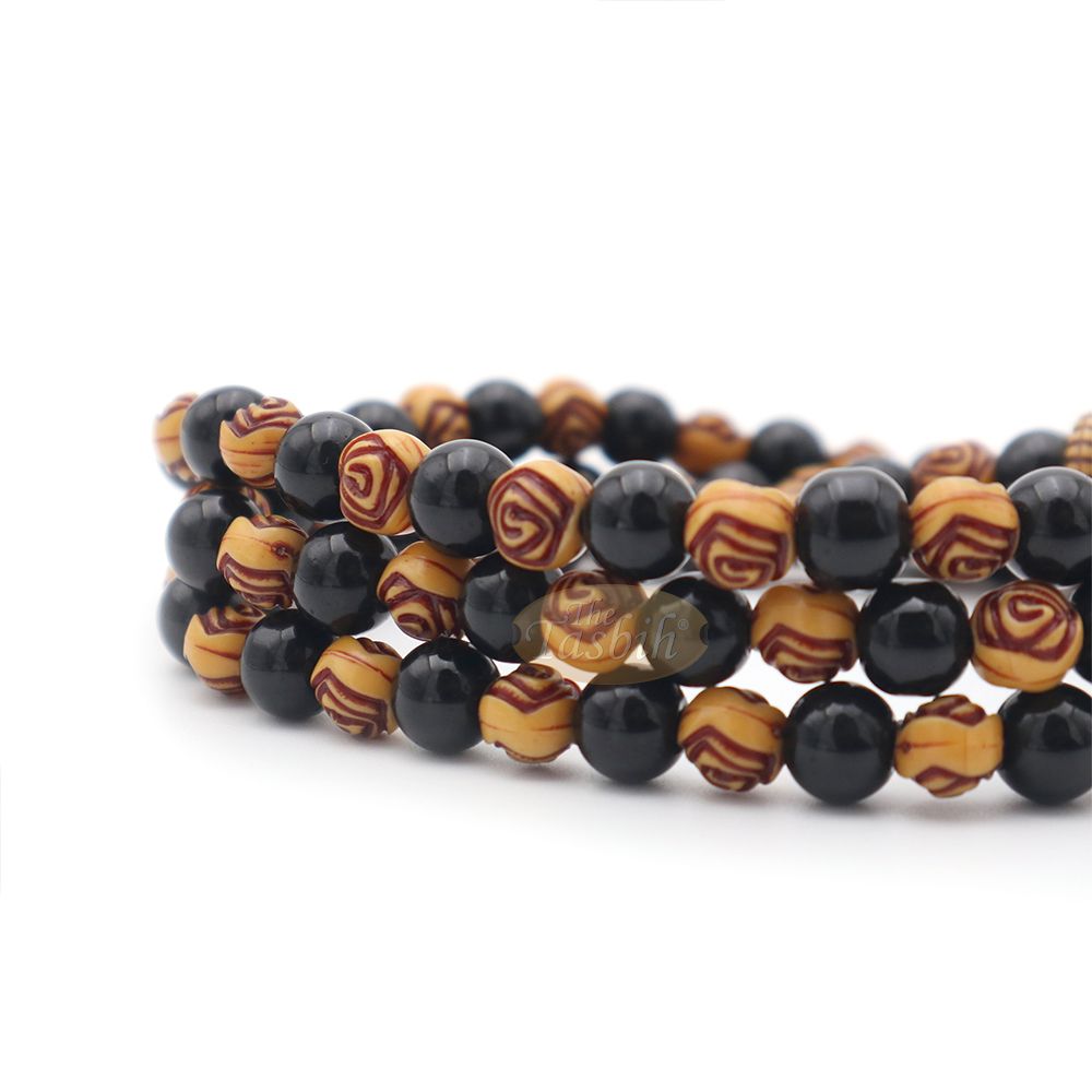 Muslim Prayer Beads – 8 mm Faux Onyx Black & Yellow Engraved beads 99 count Tasbih