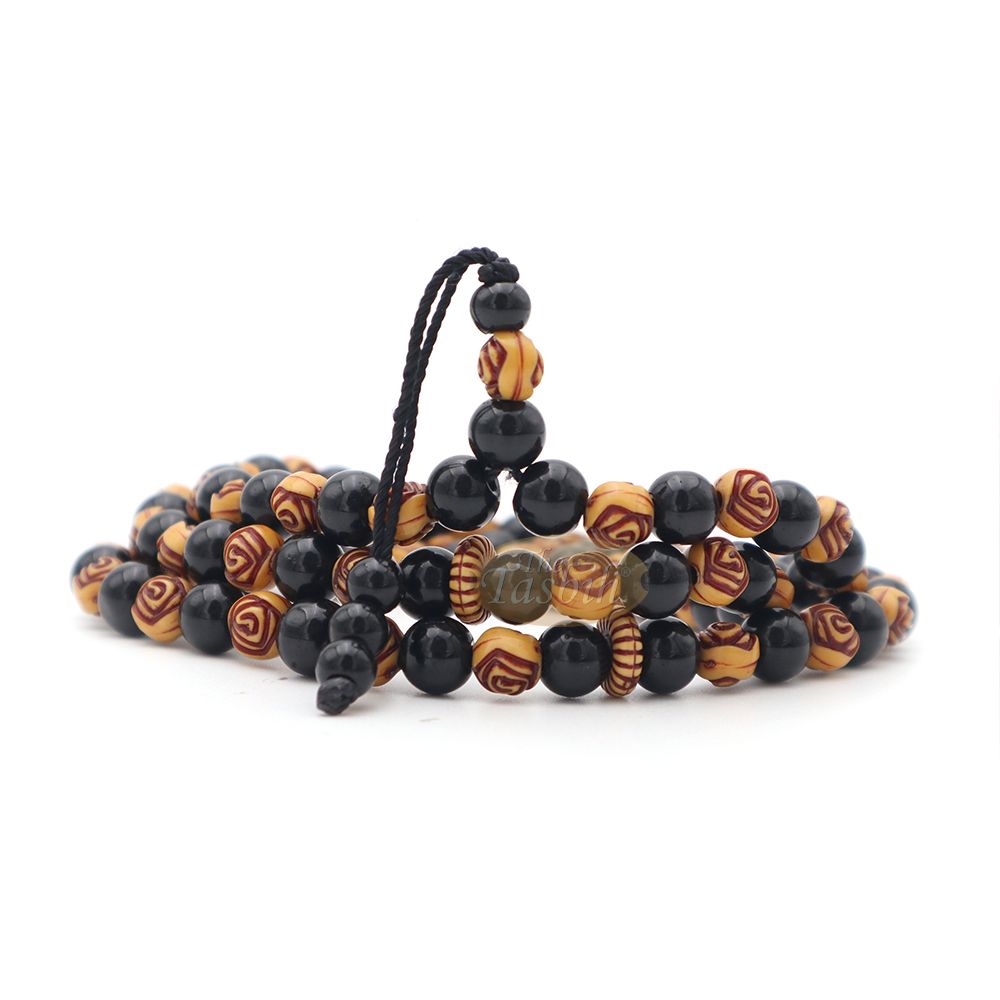 Muslim Prayer Beads – 8 mm Faux Onyx Black & Yellow Engraved beads 99 count Tasbih