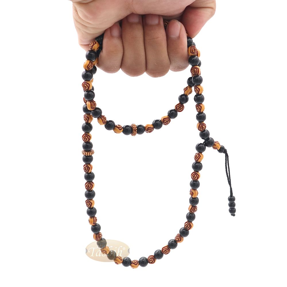 Muslim Prayer Beads – 8 mm Faux Onyx Black & Yellow Engraved beads 99 count Tasbih