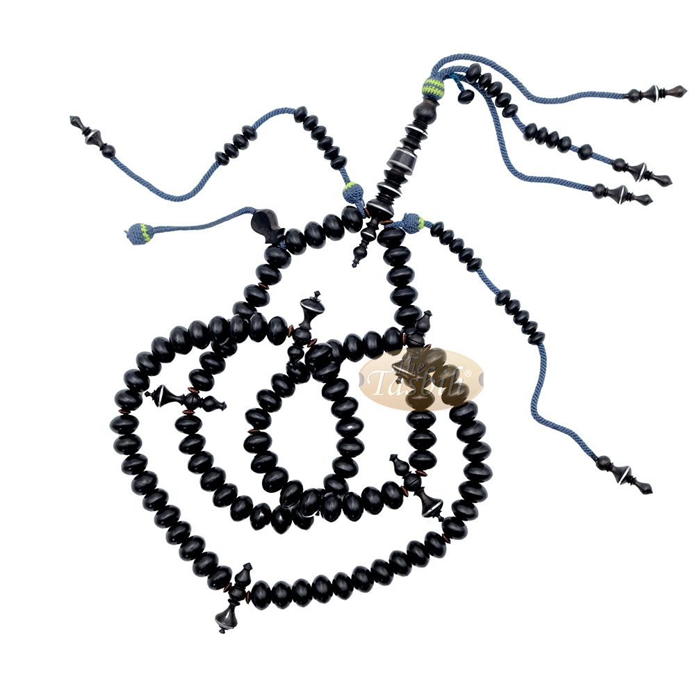 Black Wood Tijani Tasbih | Limited Edition Ain Madhi 13×8 mm Oval Pewter Inlay 100-Bead