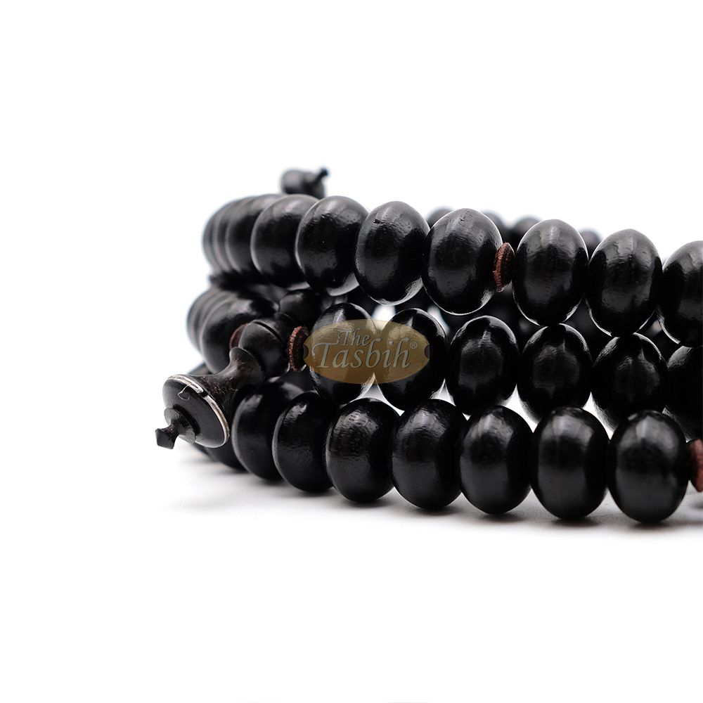 Black Wood Tijani Tasbih | Limited Edition Ain Madhi 13×8 mm Oval Pewter Inlay 100-Bead
