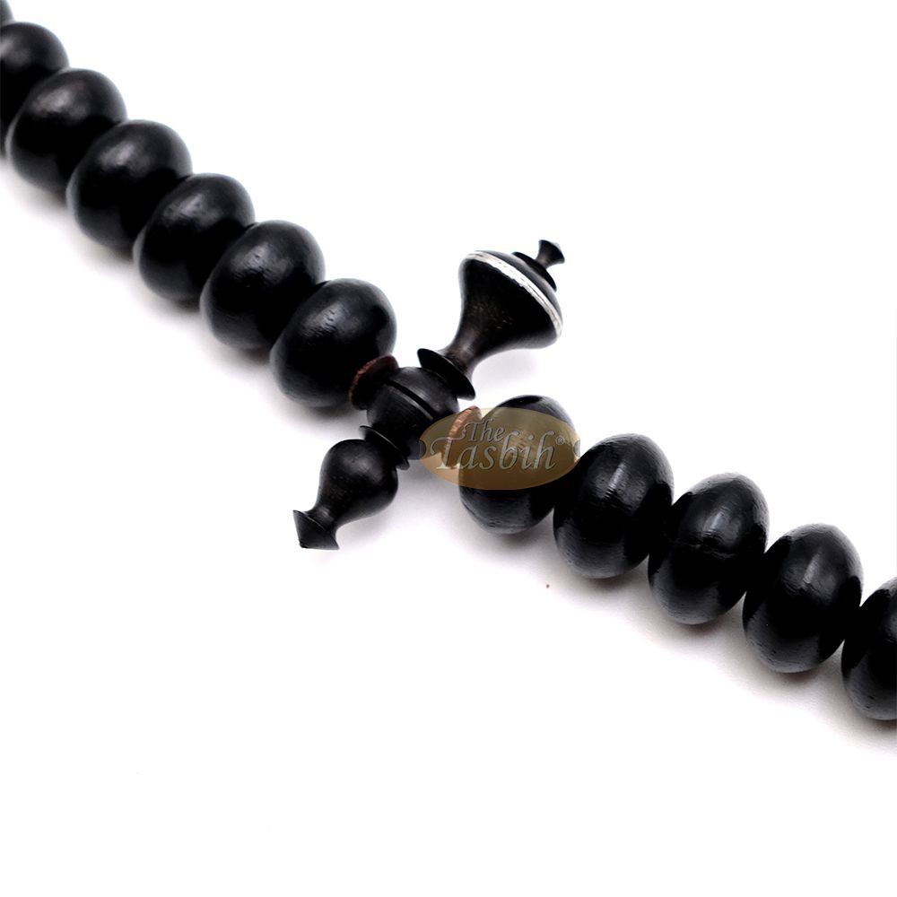 Black Wood Tijani Tasbih | Limited Edition Ain Madhi 13×8 mm Oval Pewter Inlay 100-Bead