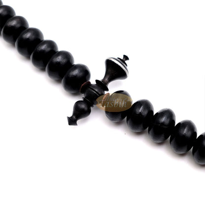 Black Wood Tijani Tasbih | Limited Edition Ain Madhi 13×8 mm Oval Pewter Inlay 100-Bead