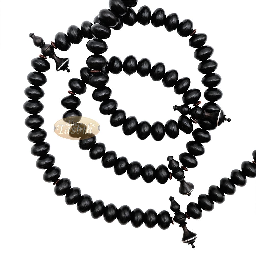 Black Wood Tijani Tasbih | Limited Edition Ain Madhi 13×8 mm Oval Pewter Inlay 100-Bead