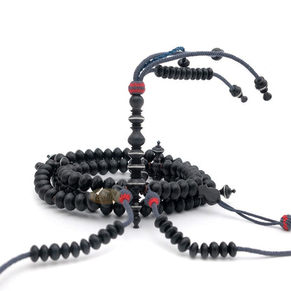 Special Edition Tijani Misbaha – Handcrafted 13×8 mm Asian Black Wood Saucer-shape Prayer Beads – Inlaid Pewter Ornamental Alif & Dividers