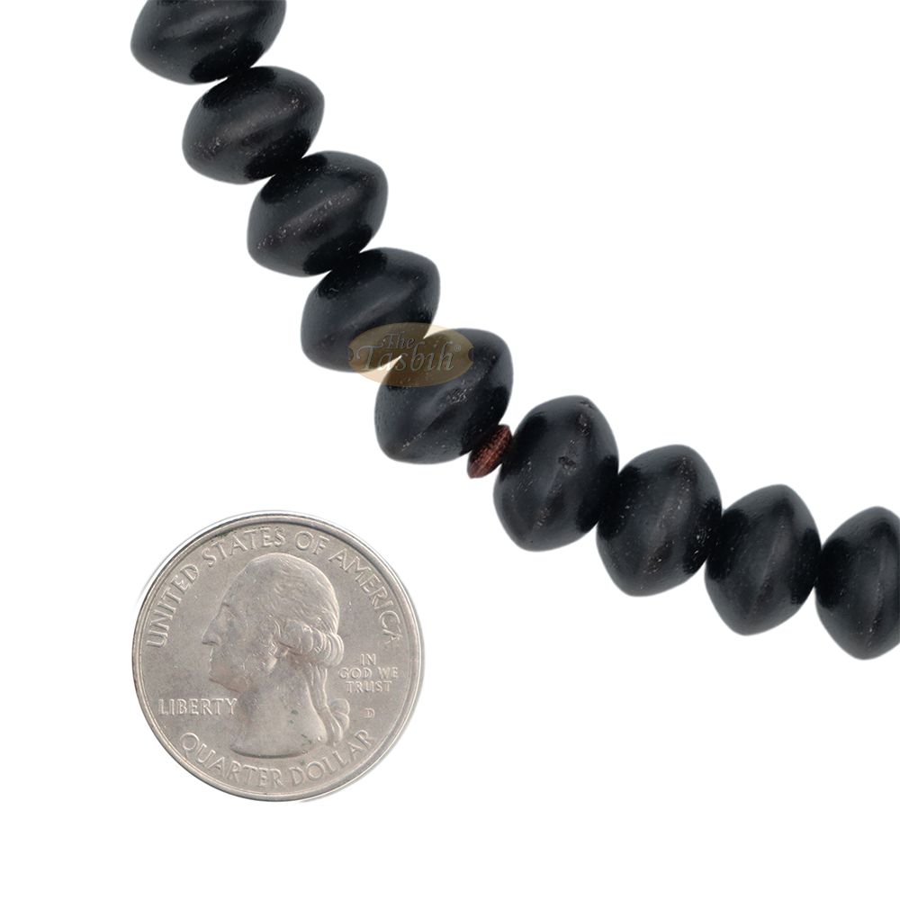 Special Edition Tijani Misbaha – Handcrafted 13×8 mm Asian Black Wood Saucer-shape Prayer Beads – Inlaid Pewter Ornamental Alif & Dividers