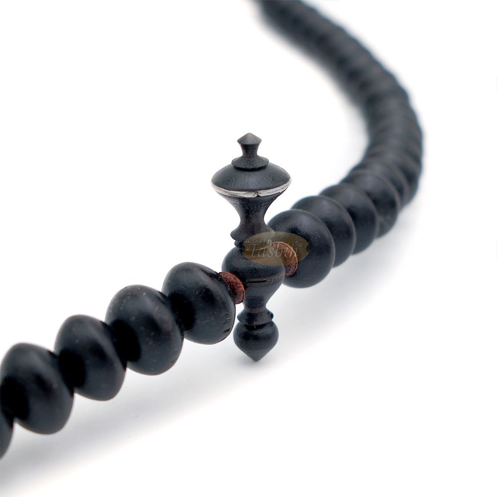 Special Edition Tijani Misbaha – Handcrafted 13×8 mm Asian Black Wood Saucer-shape Prayer Beads – Inlaid Pewter Ornamental Alif & Dividers
