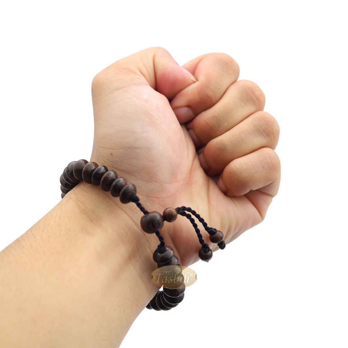 Brown wooden tasbih bracelet with adjustable braided cord.