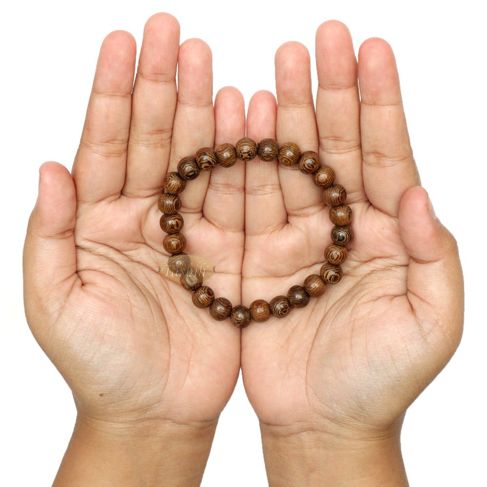 Wood Bead Bracelet – Tropical Johar Asian Wenge Beads with Black Elastic 7 mm Unisex 7.5-8 inch Prayer Bracelet