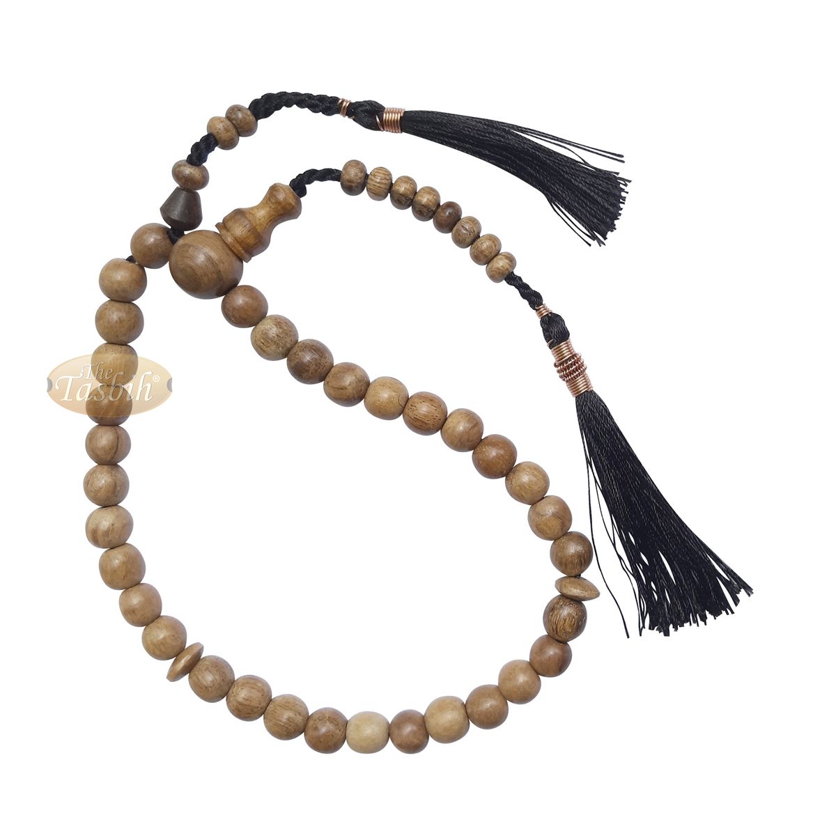 Small Natural Light Brown Oud Aloeswood Agarwood 33-Bead Prayer Beads Rosary 8 mm Beads with 2 Black Copper-Decorated Tassel