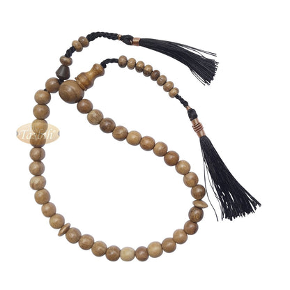 Small Natural Light Brown Oud Aloeswood Agarwood 33-Bead Prayer Beads Rosary 8 mm Beads with 2 Black Copper-Decorated Tassel