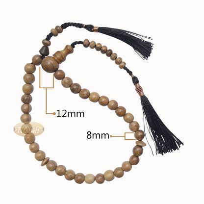 Small Natural Light Brown Oud Aloeswood Agarwood 33-Bead Prayer Beads Rosary 8 mm Beads with 2 Black Copper-Decorated Tassel