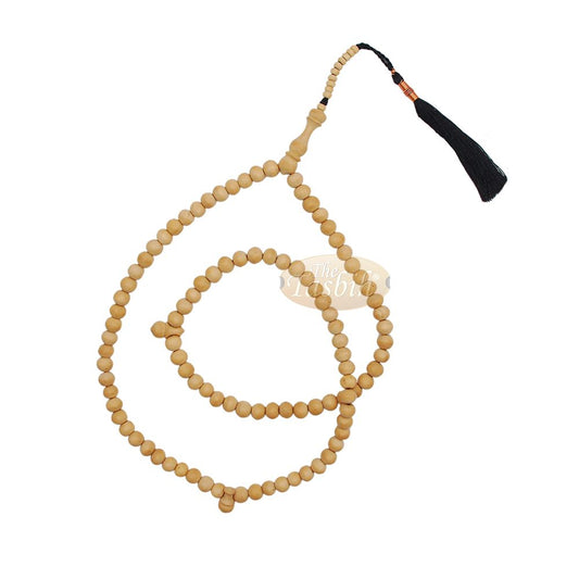Large Off-White Coffee Tree Wood Prayer Beads Black Coppered Tassels