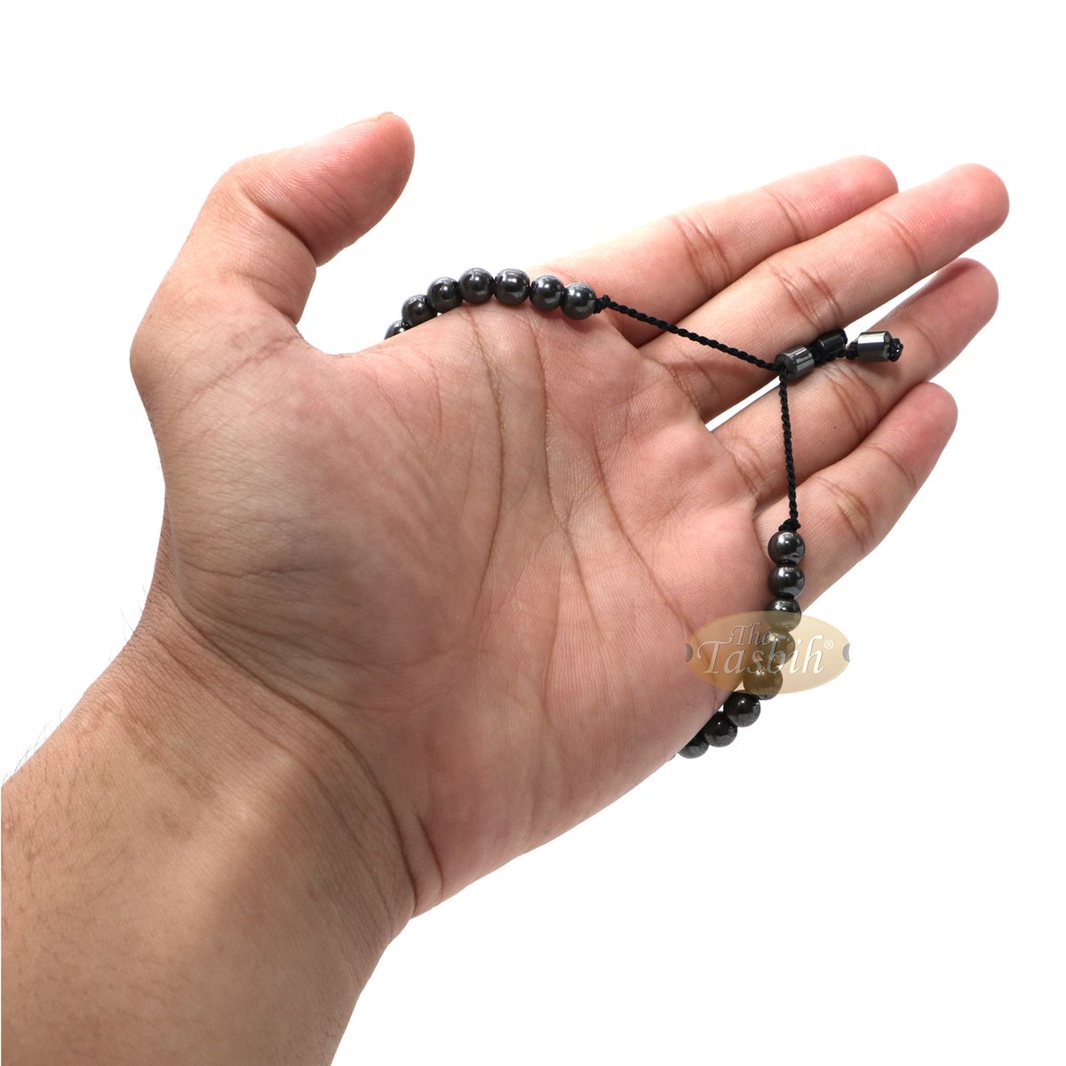 Small Tasbih Bracelet 33-Bead Hematite 6 mm Round Beads with Cylinder Lock and Stops Adjustable