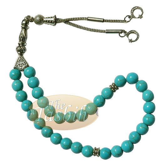 Created Turquoise 33-Bead Tasbih with Crescent Moon Kizilay Charms