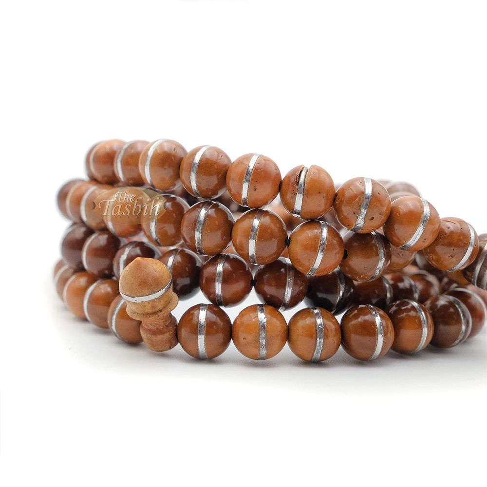 Natural Genuine Kuka Seed Tasbih Misbaha 99 count 8 mm Silver Inlay Beads Muslim Prayer Necklace