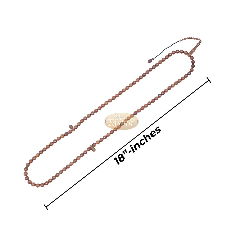 Brown wooden Islamic misbaha prayer beads with 99 beads and a black tassel cord.