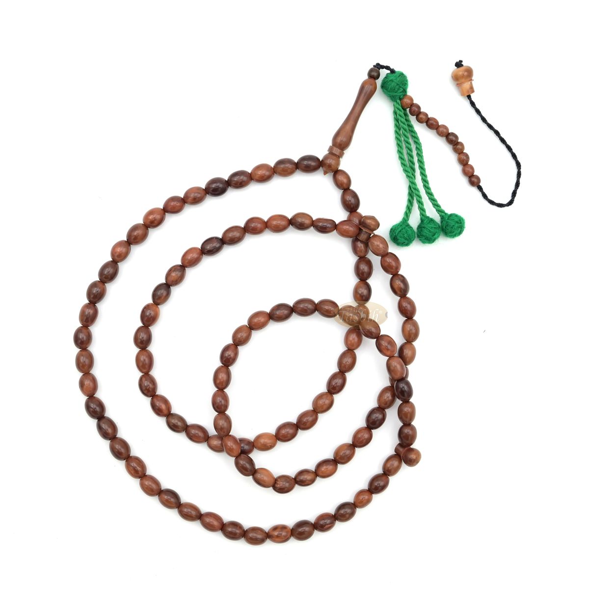 Brown wooden Islamic misbaha prayer beads with elongated oval beads and green tassels.