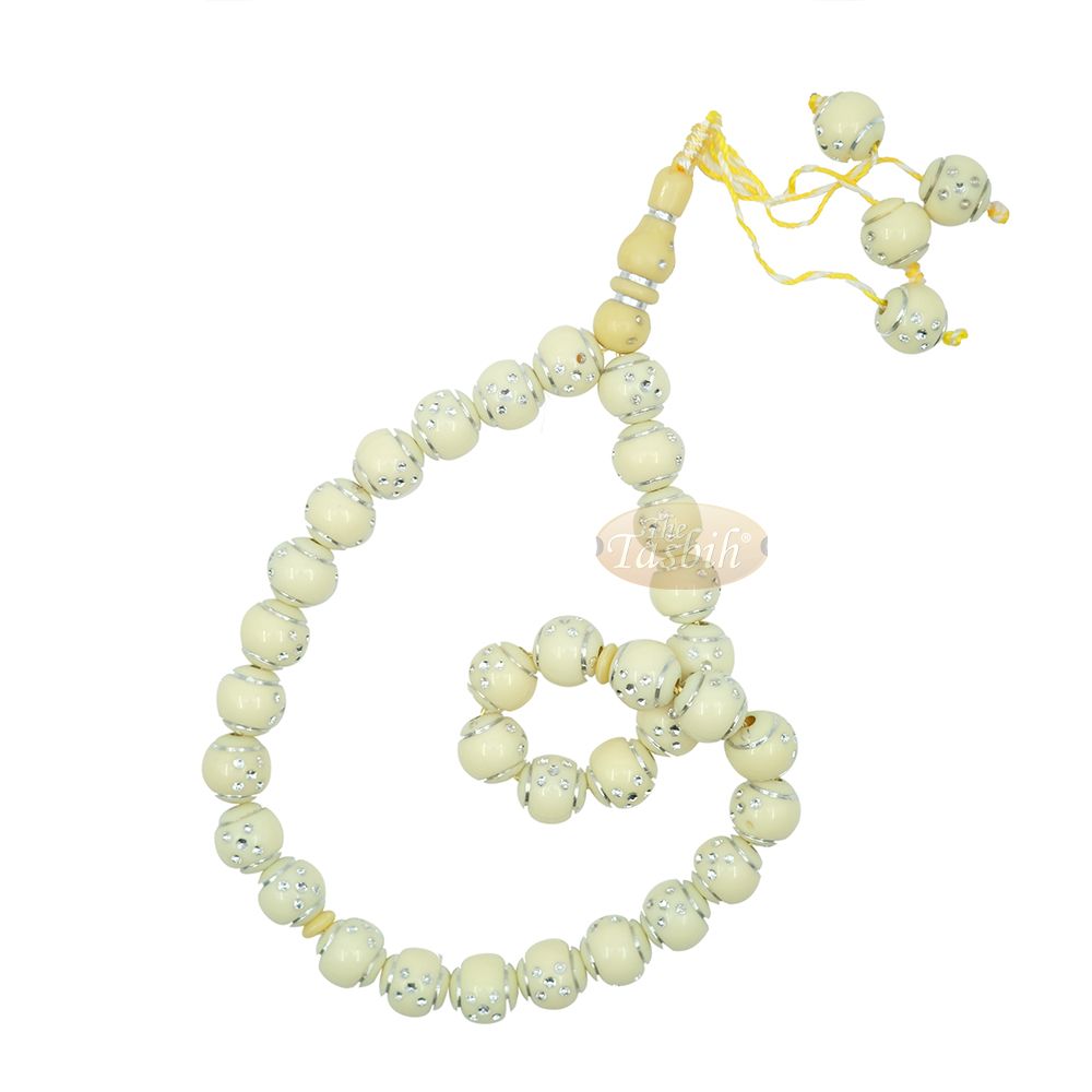 Beige and Silver Domino Design 14 mm Round 33 Bead with 2 Small Dividers and 4 Bead Tassel Plastic Tasbih