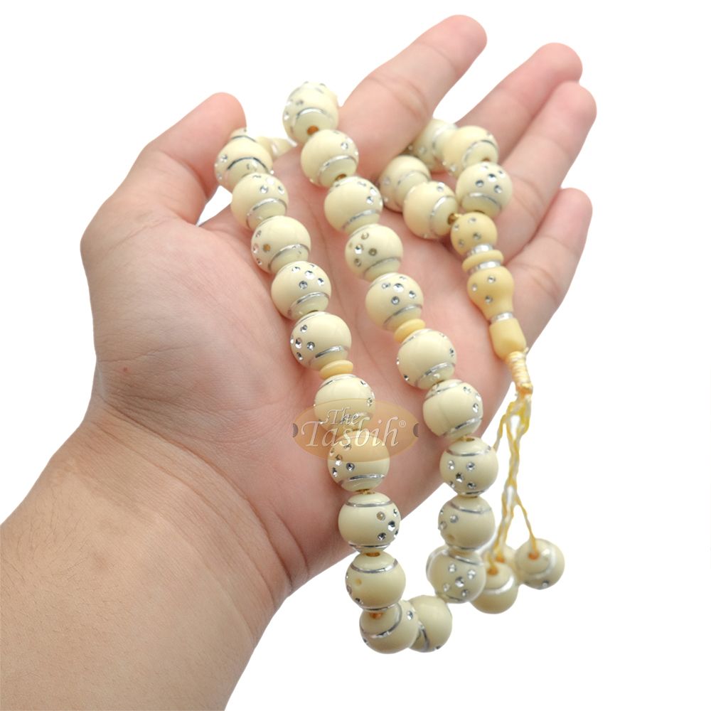 Beige and Silver Domino Design 14 mm Round 33 Bead with 2 Small Dividers and 4 Bead Tassel Plastic Tasbih