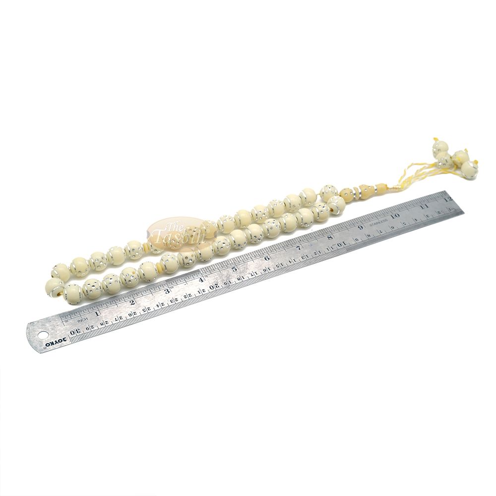 Beige and Silver Domino Design 14 mm Round 33 Bead with 2 Small Dividers and 4 Bead Tassel Plastic Tasbih