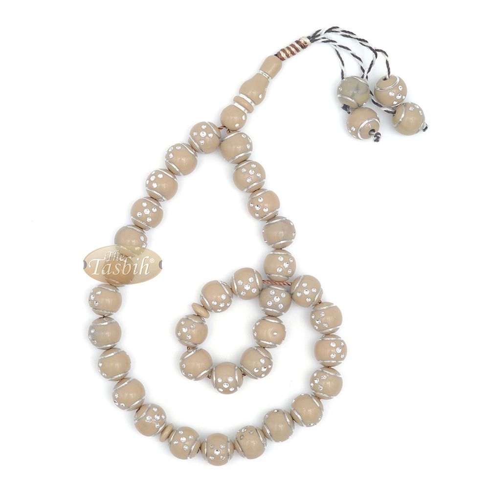 Large Muslim Prayer Beads 14 mm Brown Plastic Resin Electroplated Silver-Tone Dots 33-Ct Prayer Dhikr Beads