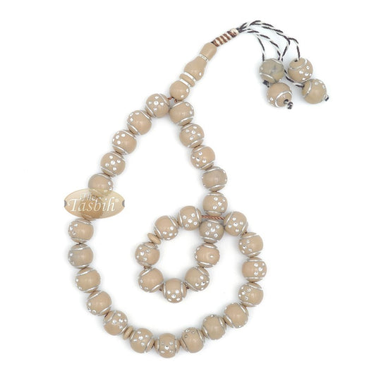 Large Muslim Prayer Beads 14 mm Brown Plastic Resin Electroplated Silver-Tone Dots 33-Ct Prayer Dhikr Beads