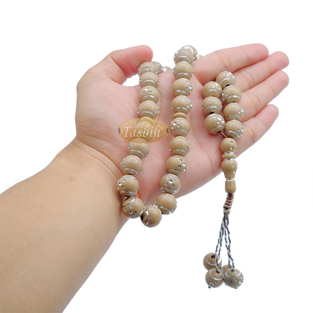 Large Muslim Prayer Beads 14 mm Brown Plastic Resin Electroplated Silver-Tone Dots 33-Ct Prayer Dhikr Beads