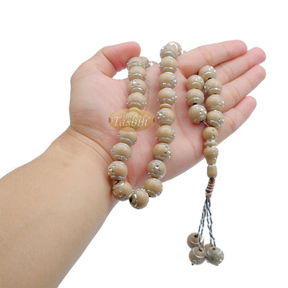 Large Muslim Prayer Beads 14 mm Brown Plastic Resin Electroplated Silver-Tone Dots 33-Ct Prayer Dhikr Beads
