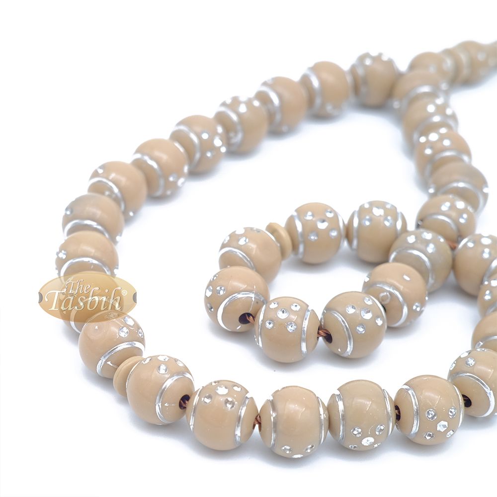 Large Muslim Prayer Beads 14 mm Brown Plastic Resin Electroplated Silver-Tone Dots 33-Ct Prayer Dhikr Beads