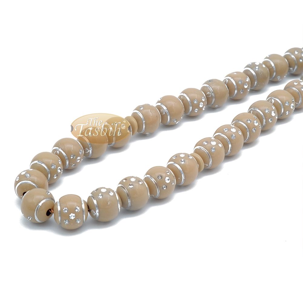 Large Muslim Prayer Beads 14 mm Brown Plastic Resin Electroplated Silver-Tone Dots 33-Ct Prayer Dhikr Beads