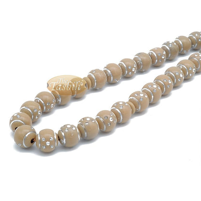 Large Muslim Prayer Beads 14 mm Brown Plastic Resin Electroplated Silver-Tone Dots 33-Ct Prayer Dhikr Beads