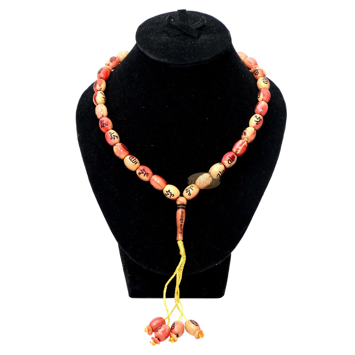 Tasbih – Allah Muhammad Inscribed 13×11 mm Oval Prayer Beads 33-Ct Marble Orange & Yellow Sibha Misbaha Subha Tasbeeh with Gift Box