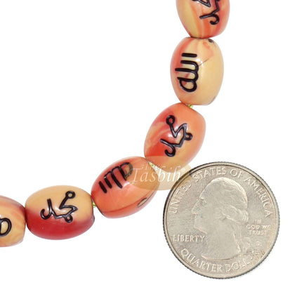 Tasbih – Allah Muhammad Inscribed 13×11 mm Oval Prayer Beads 33-Ct Marble Orange & Yellow Sibha Misbaha Subha Tasbeeh with Gift Box