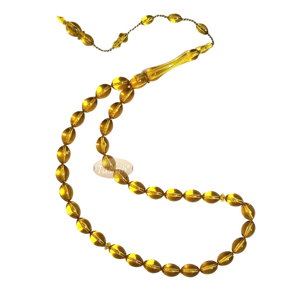 Muslim Tasbih – Small 33-Bead 12×9 mm Oval Translucent Honey Yellow Acrylic Prayer Beads Sibha Misbaha For Islamic Dhikr Salawat Namaz Salah