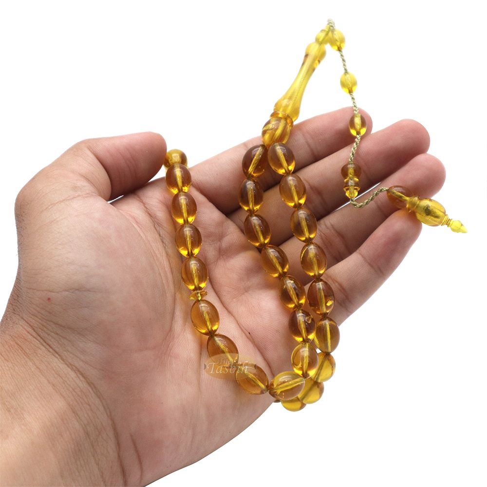 Muslim Tasbih – Small 33-Bead 12×9 mm Oval Translucent Honey Yellow Acrylic Prayer Beads Sibha Misbaha For Islamic Dhikr Salawat Namaz Salah