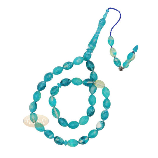 Aquamarine Oval Monomer 33ct Misbaha – 12×9 mm Muslim Prayer Beads