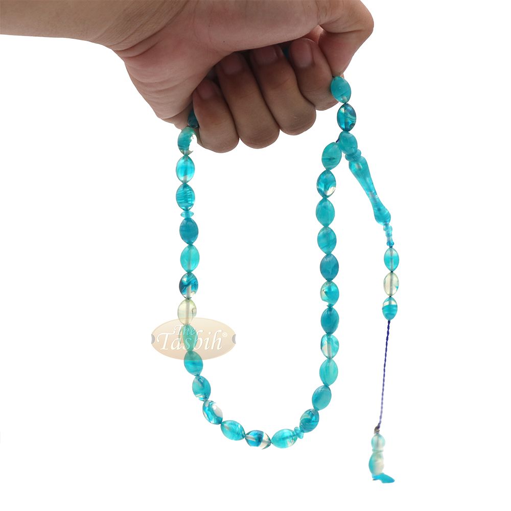 Aquamarine Oval Monomer 33ct Misbaha – 12×9 mm Muslim Prayer Beads
