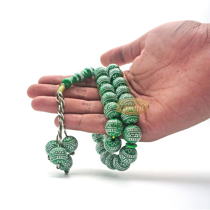 Large Sibha 13 mm Bright Green & Metallic Silver Meandros Plastic Resin 33-Bead Muslim Tasbih Prayer Beads