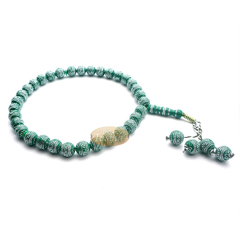 Large Sibha 13 mm Bright Green & Metallic Silver Meandros Plastic Resin 33-Bead Muslim Tasbih Prayer Beads