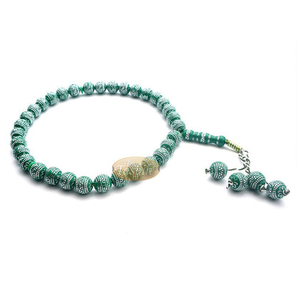 Large Sibha 13 mm Bright Green & Metallic Silver Meandros Plastic Resin 33-Bead Muslim Tasbih Prayer Beads