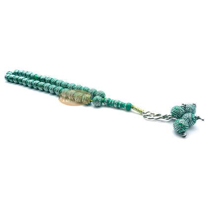 Large Sibha 13 mm Bright Green & Metallic Silver Meandros Plastic Resin 33-Bead Muslim Tasbih Prayer Beads